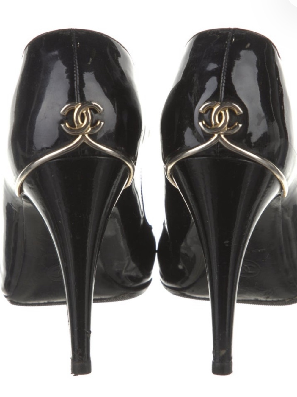 CHANEL Black Patent Leather High Heel Pumps with Gold CC Detail
